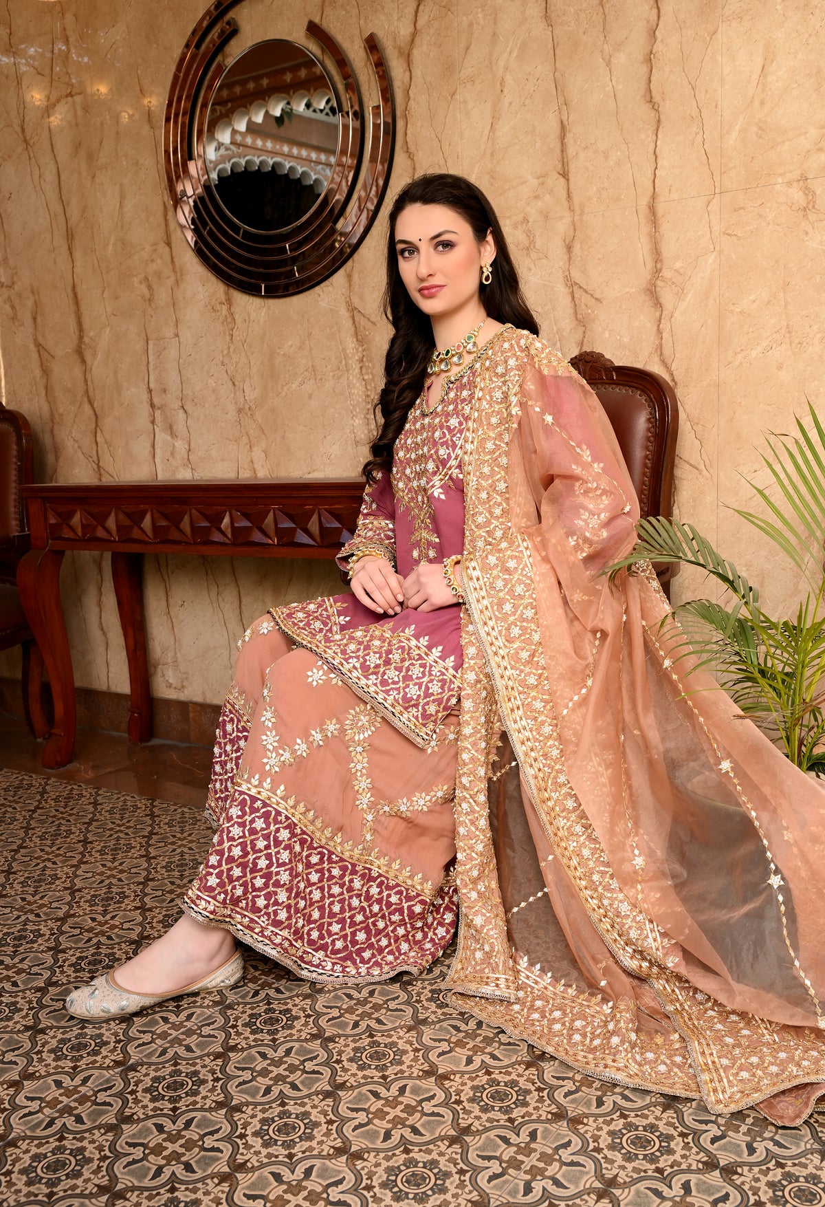 Brown & Dark Peach Gotta Embellished Organza Sharara Set