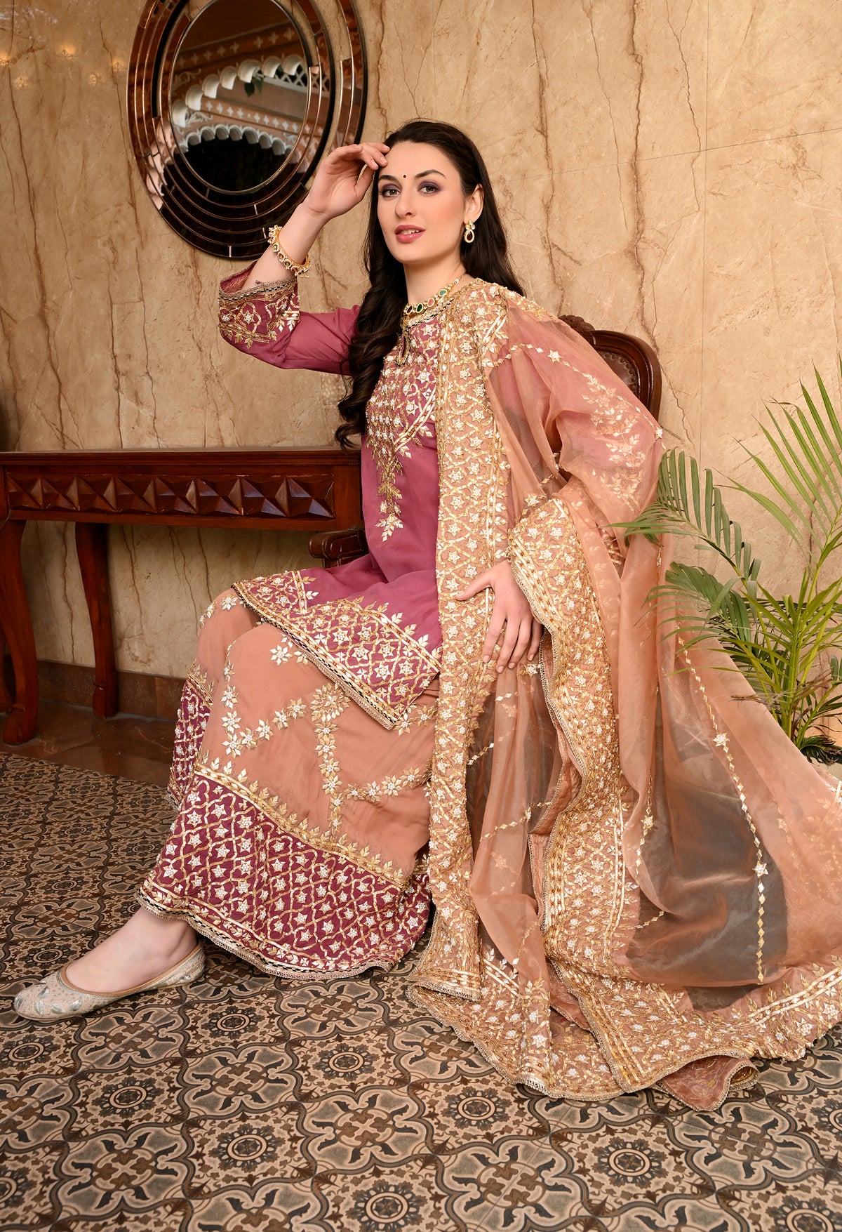 Brown & Dark Peach Gotta Embellished Organza Sharara Set
