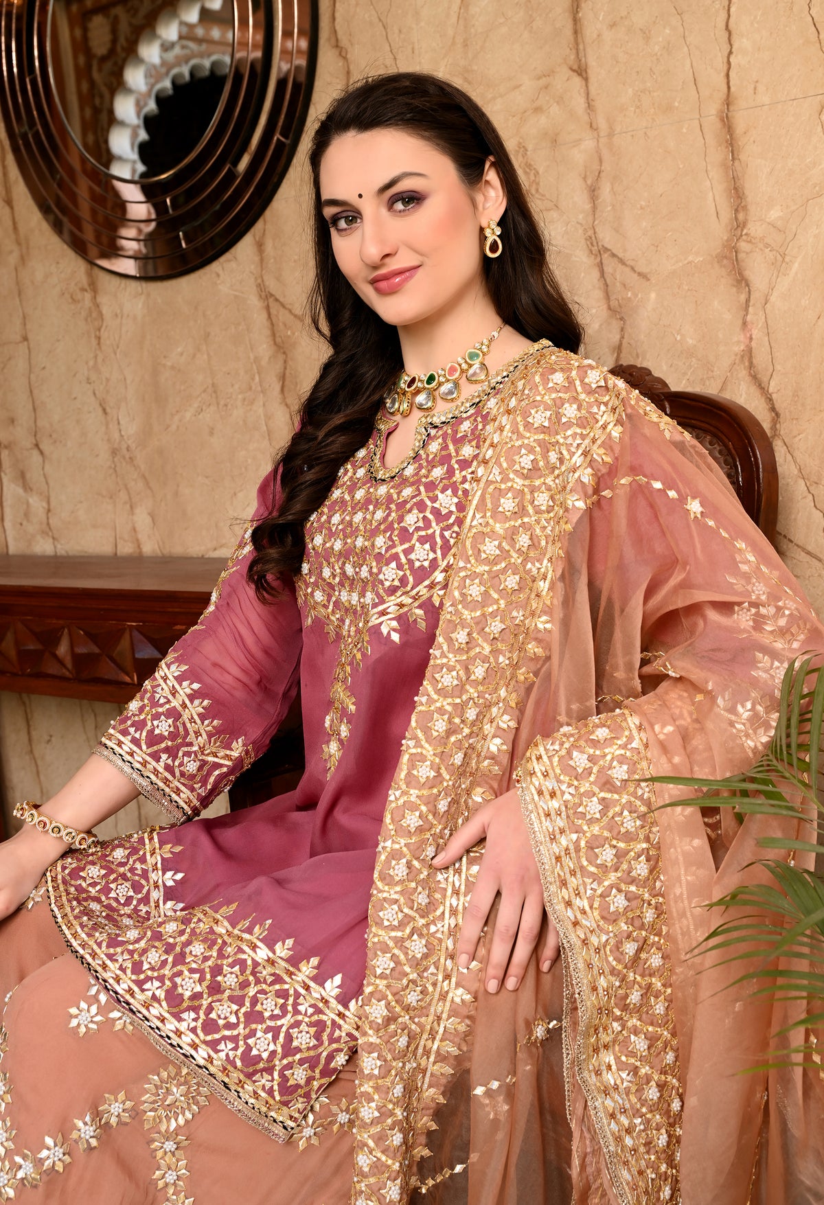 Brown & Dark Peach Gotta Embellished Organza Sharara Set