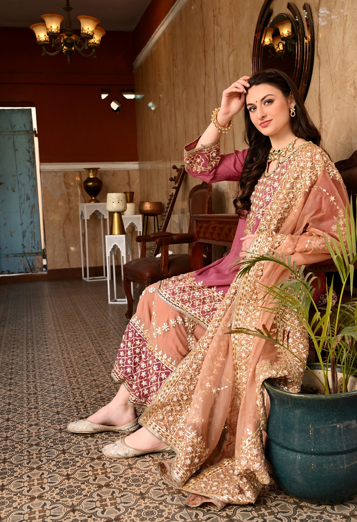 Brown & Dark Peach Gotta Embellished Organza Sharara Set