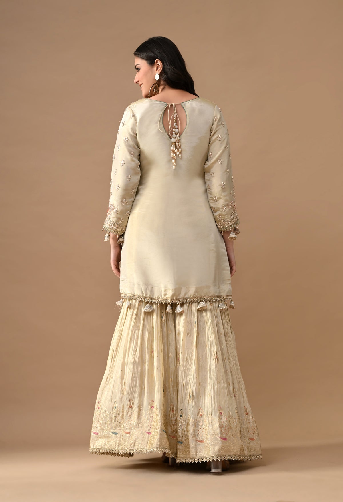 Golden Dabka Embroidered Tissue Silk Gharara Set
