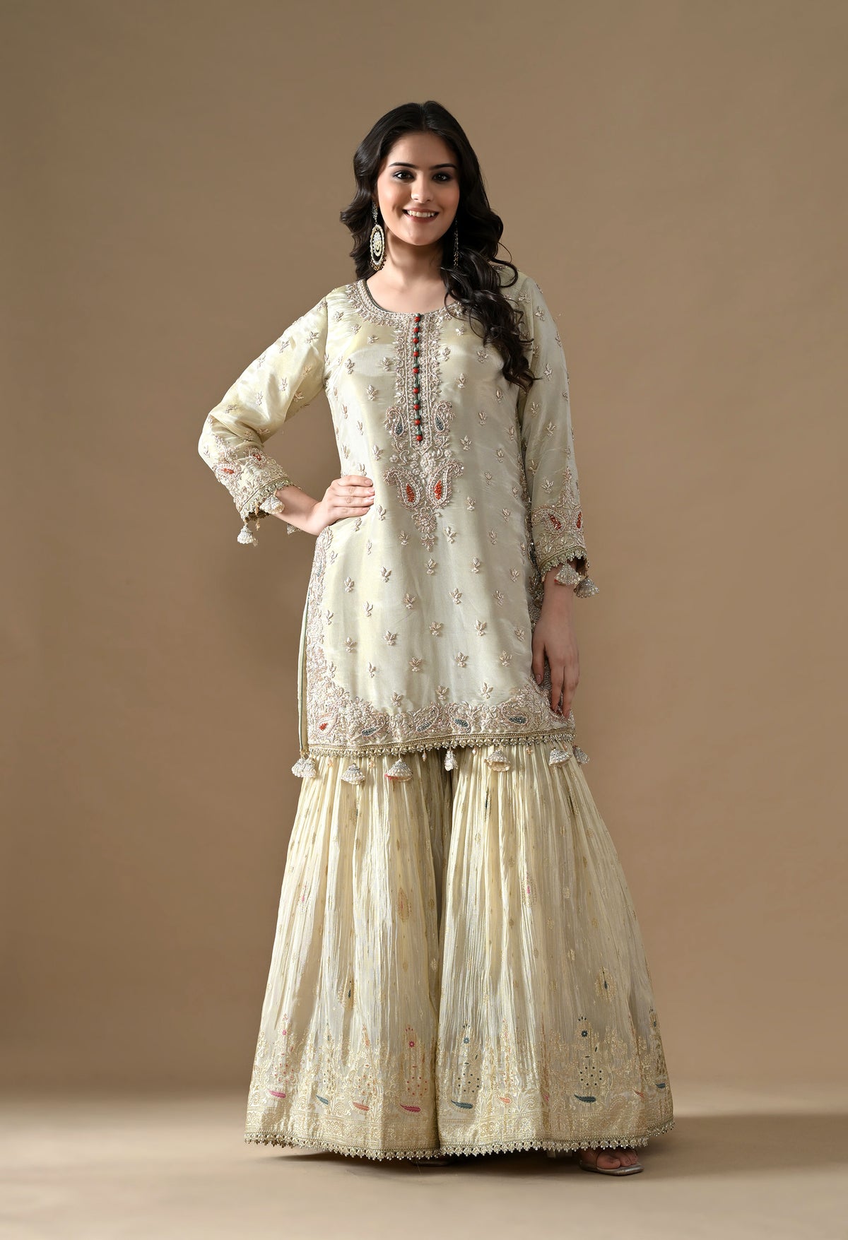 Golden Dabka Embroidered Tissue Silk Gharara Set