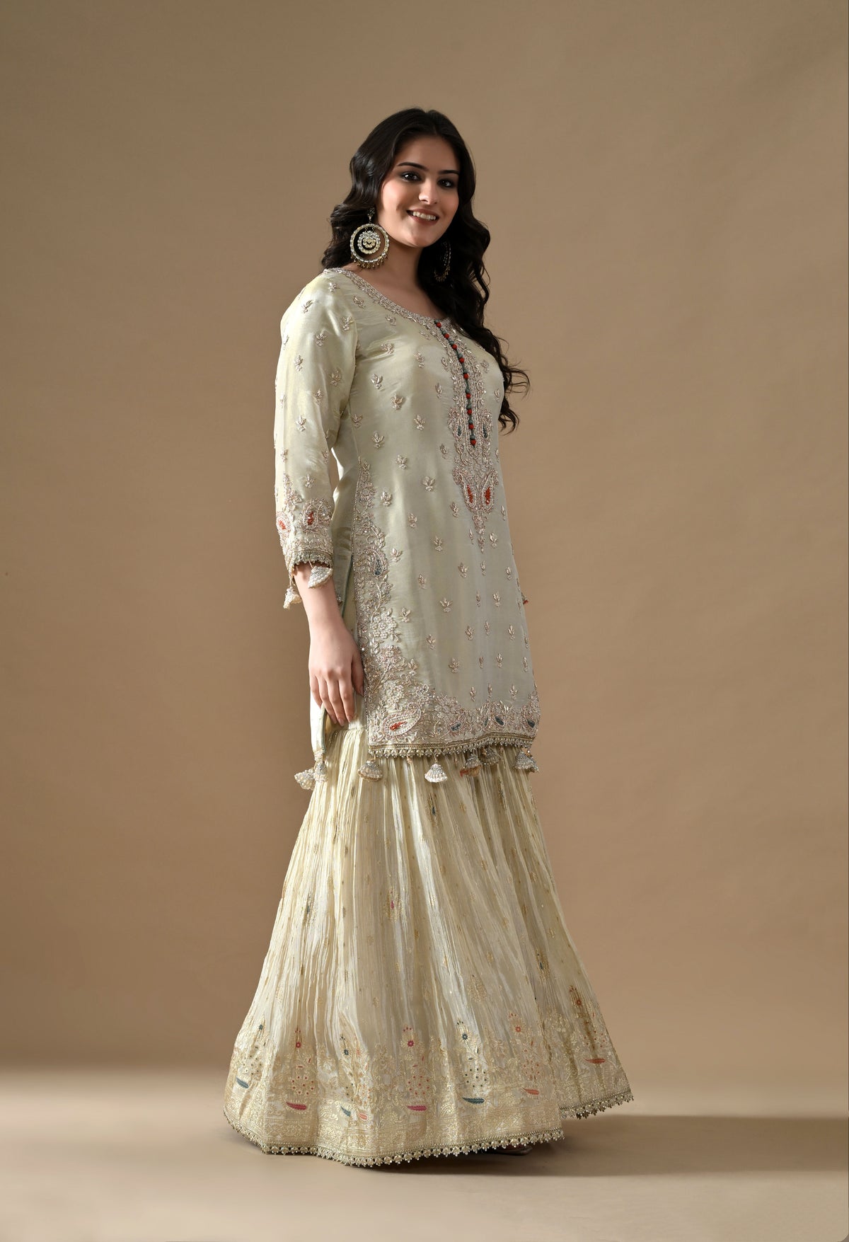 Golden Dabka Embroidered Tissue Silk Gharara Set