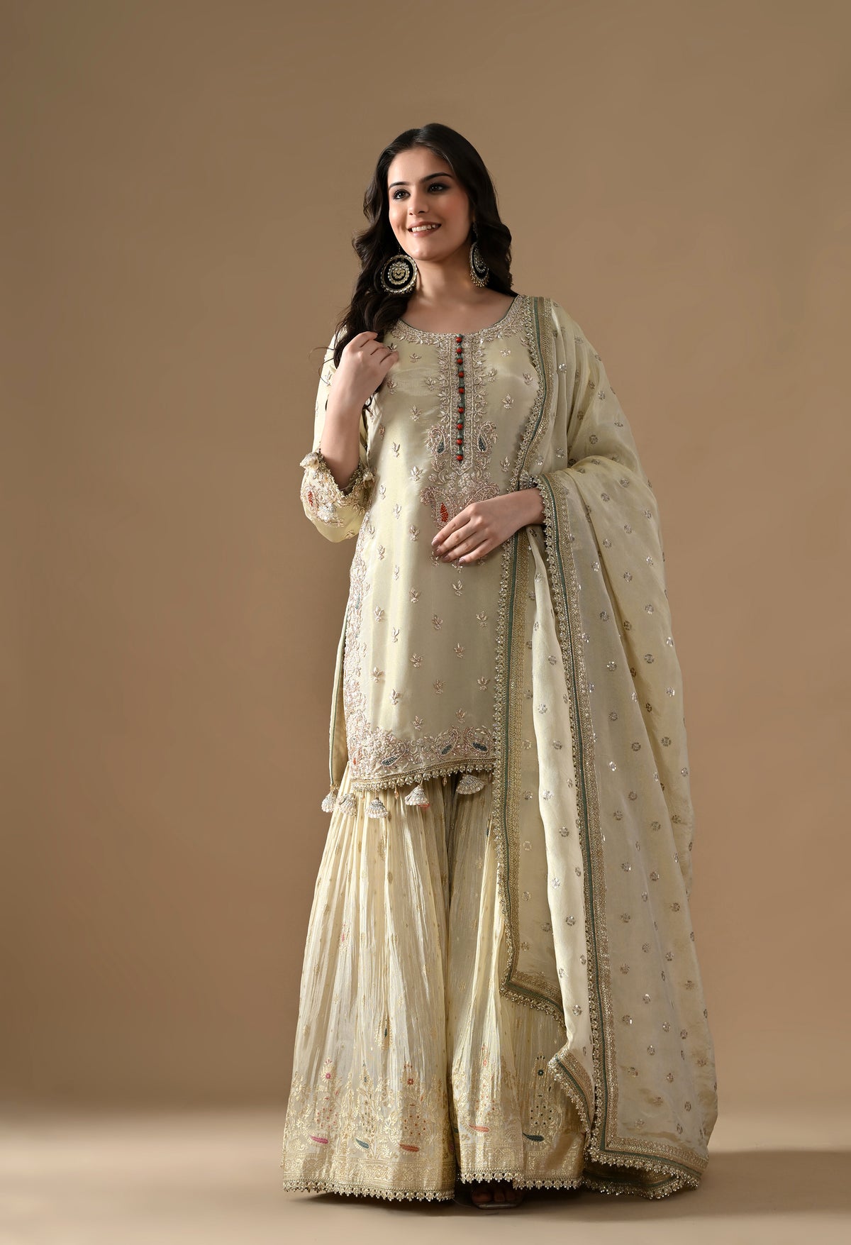 Golden Dabka Embroidered Tissue Silk Gharara Set