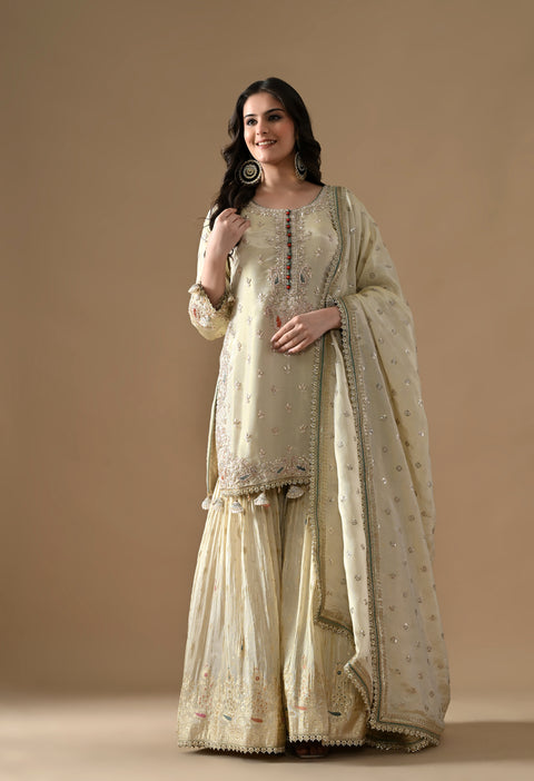 Golden Dabka Embroidered Tissue Silk Gharara Set