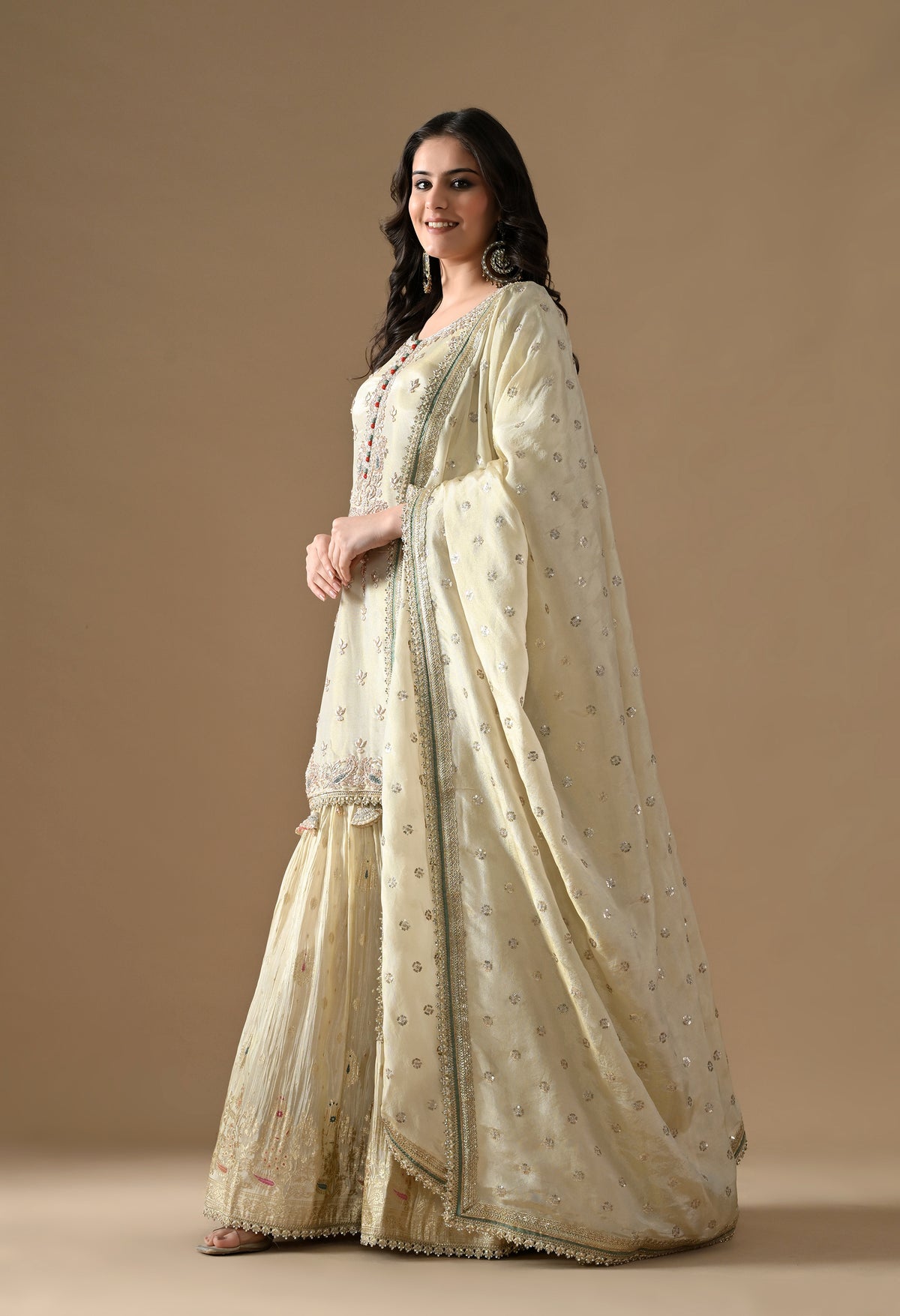 Golden Dabka Embroidered Tissue Silk Gharara Set