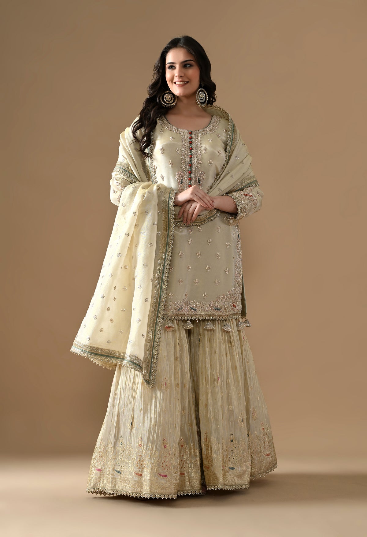 Golden Dabka Embroidered Tissue Silk Gharara Set