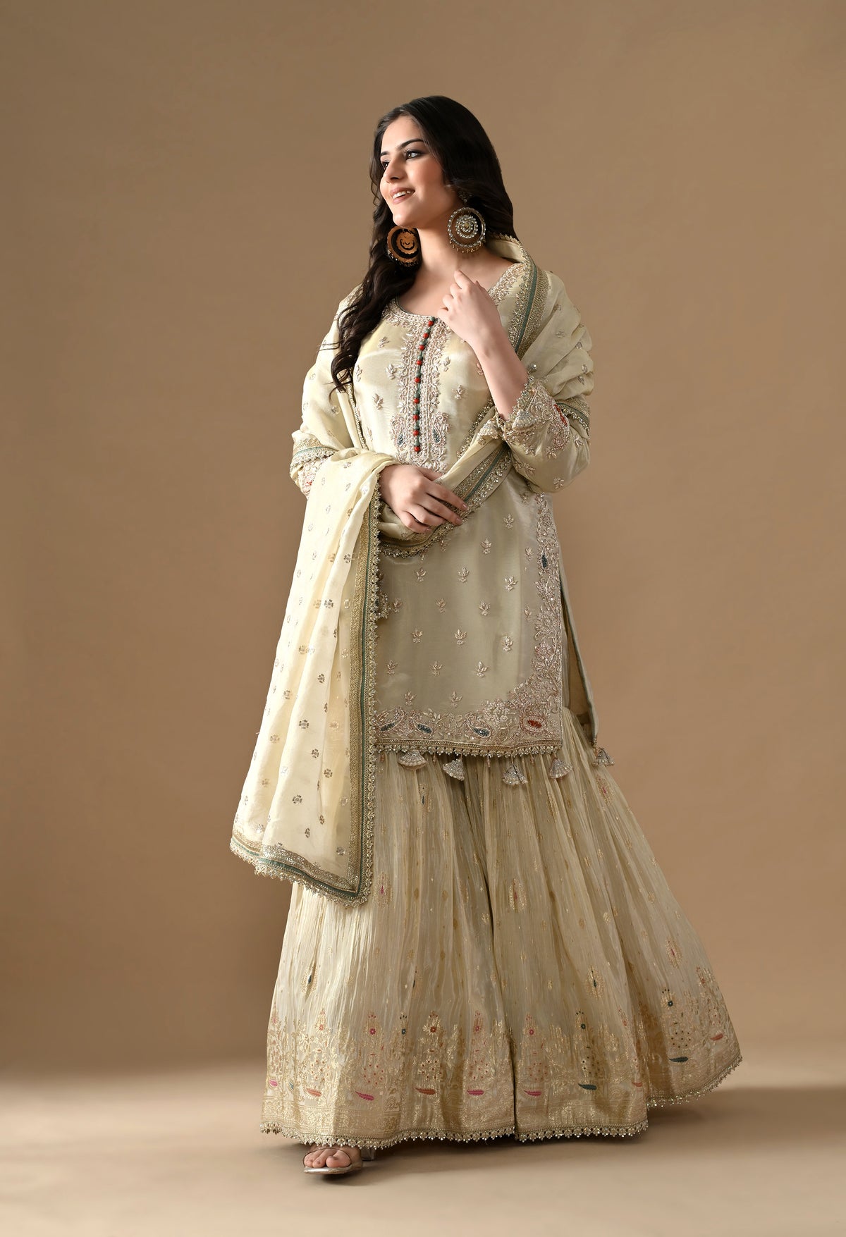 Golden Dabka Embroidered Tissue Silk Gharara Set
