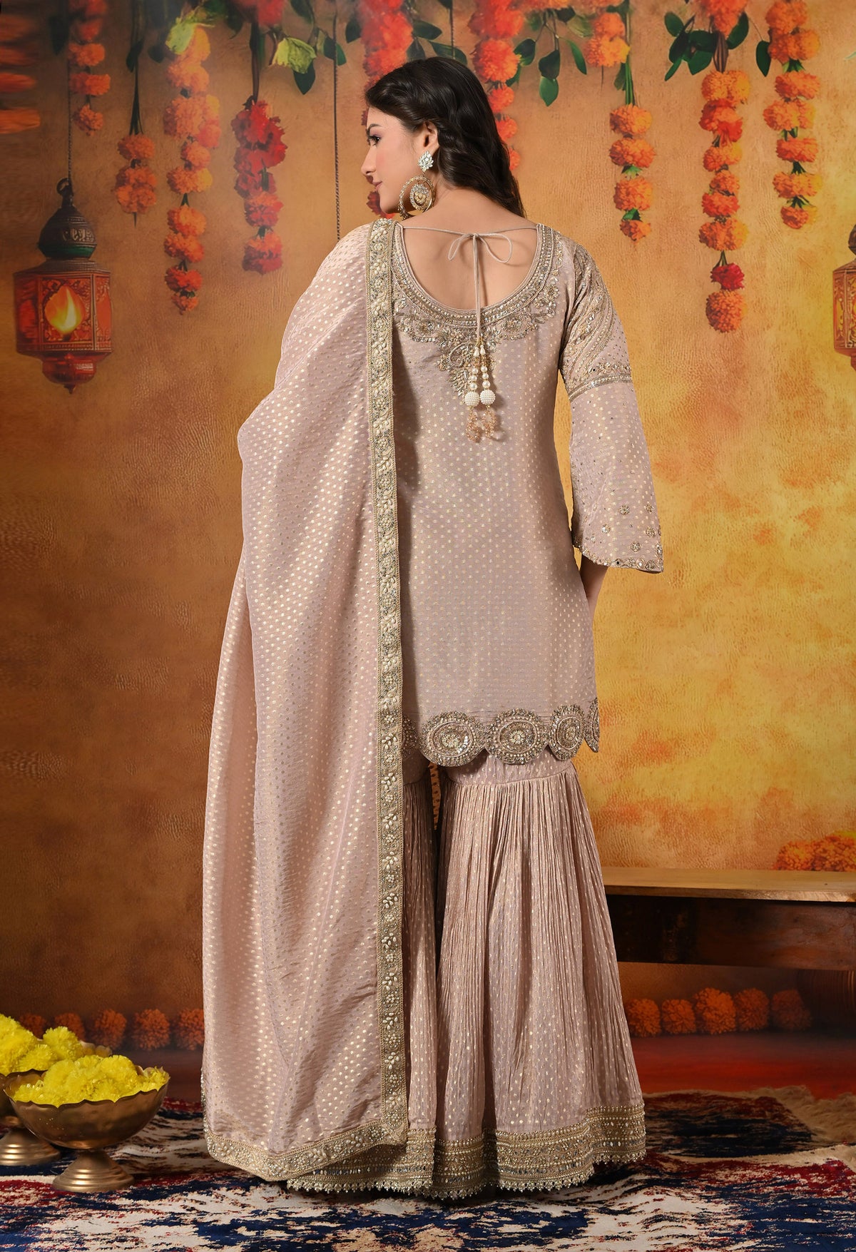 Golden Peach Dabka & Zardozi Embroidered Benarasi Tissue Silk Gharara Set