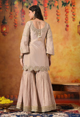 Golden Peach Dabka & Zardozi Embroidered Benarasi Tissue Silk Gharara Set