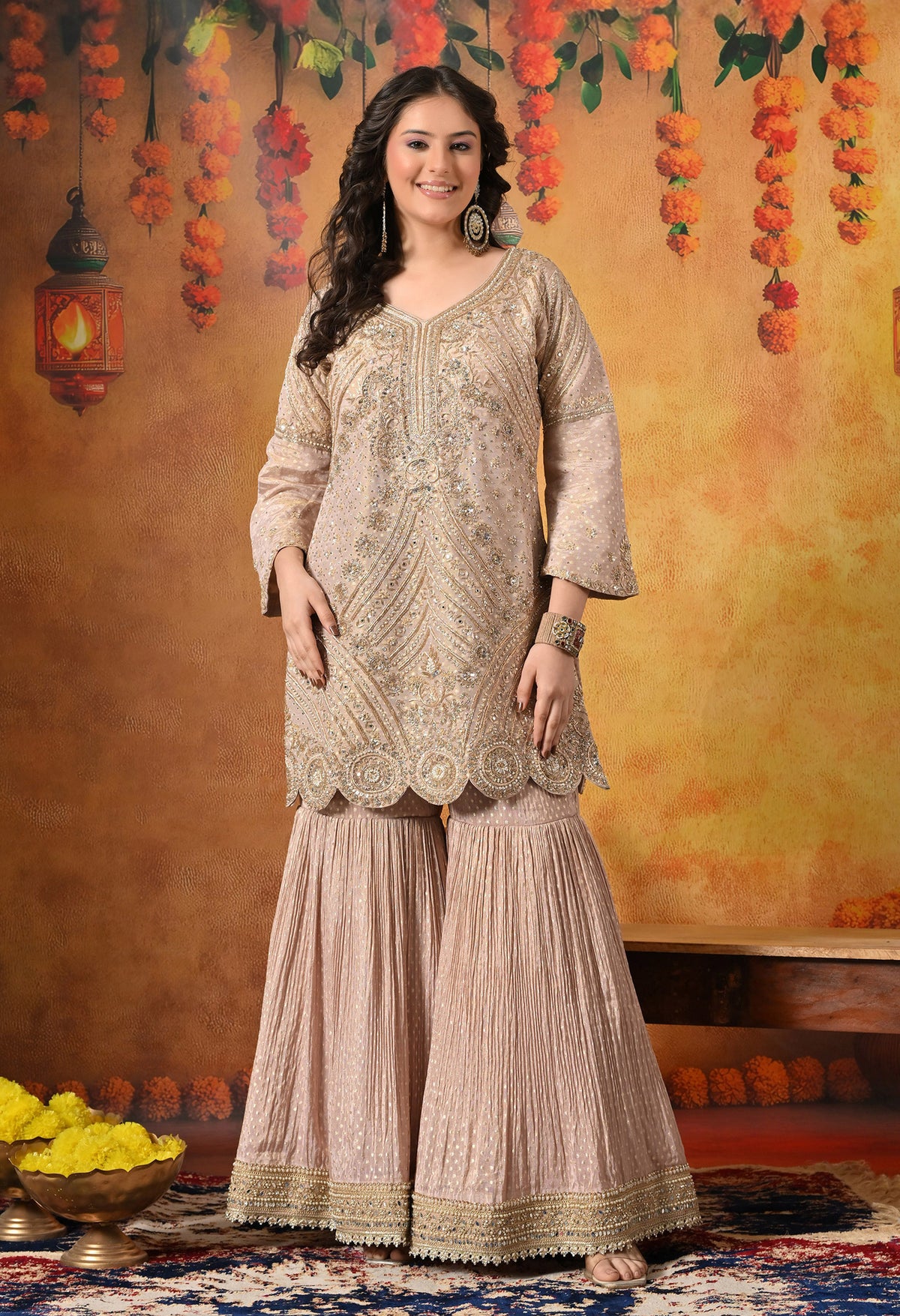 Golden Peach Dabka & Zardozi Embroidered Benarasi Tissue Silk Gharara Set