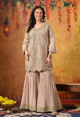 Golden Peach Dabka & Zardozi Embroidered Benarasi Tissue Silk Gharara Set
