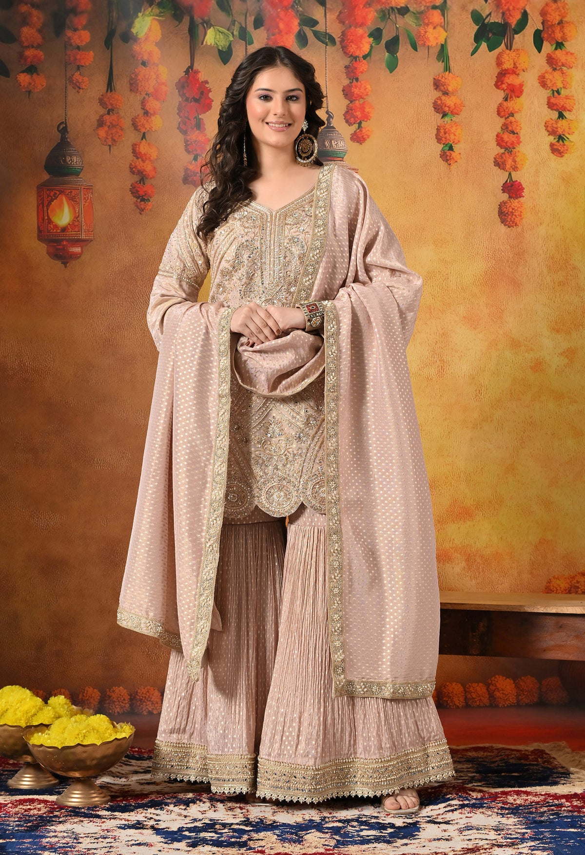 Golden Peach Dabka & Zardozi Embroidered Benarasi Tissue Silk Gharara Set