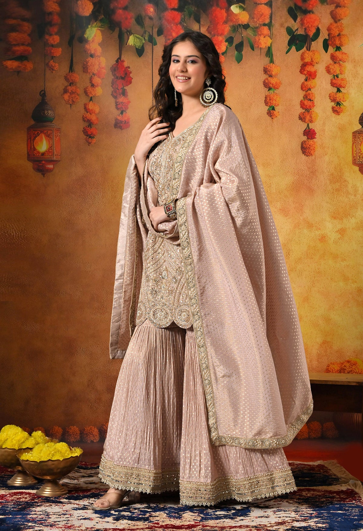 Golden Peach Dabka & Zardozi Embroidered Benarasi Tissue Silk Gharara Set