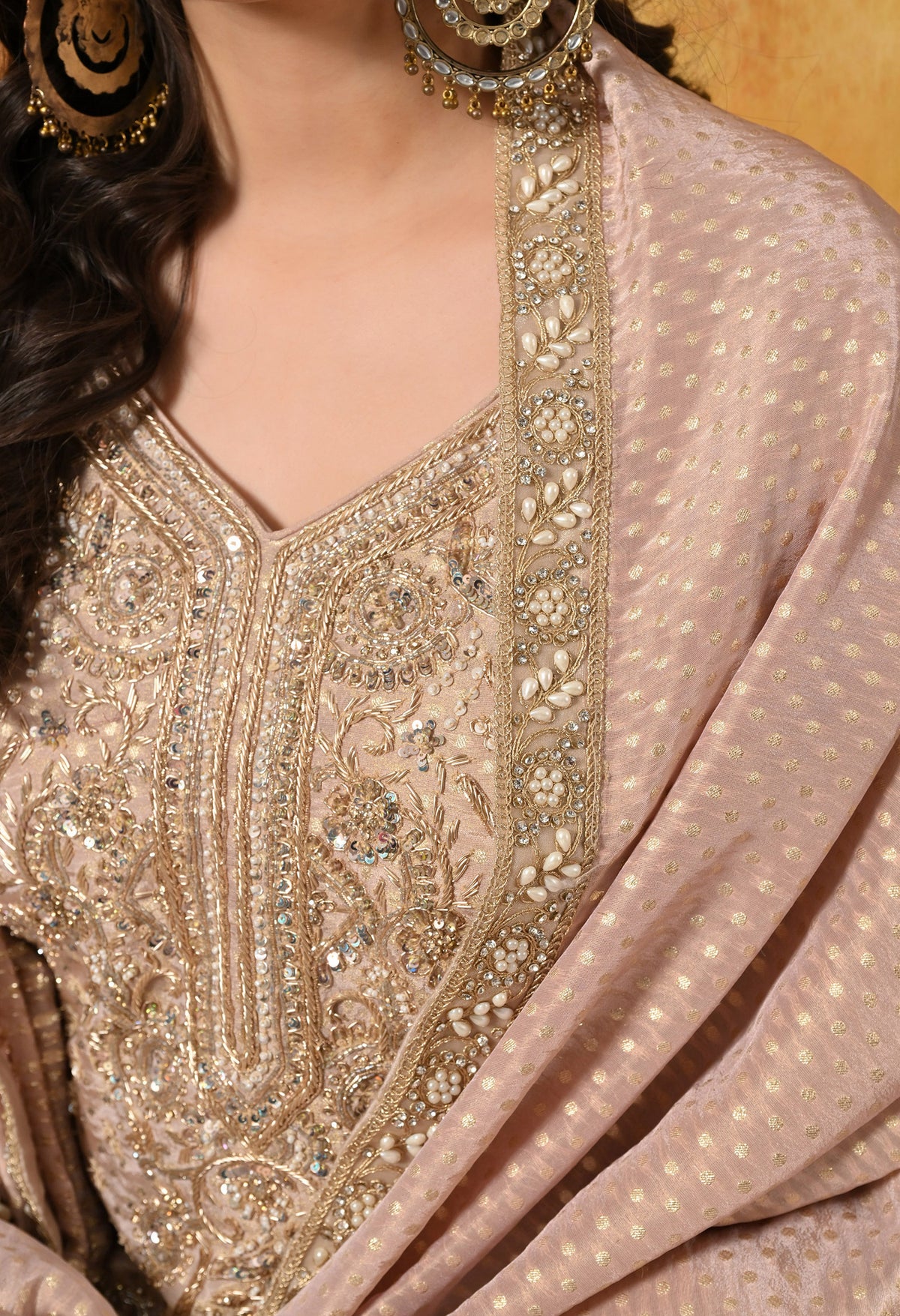 Golden Peach Dabka & Zardozi Embroidered Benarasi Tissue Silk Gharara Set