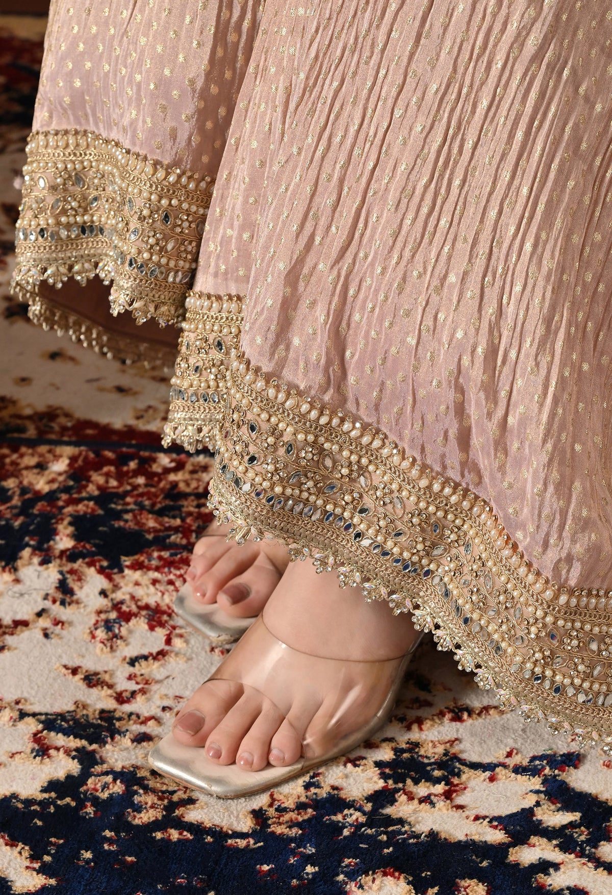 Golden Peach Dabka & Zardozi Embroidered Benarasi Tissue Silk Gharara Set