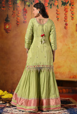 Parrot Green Zardozi Embroidered Tissue Silk Gharara Set