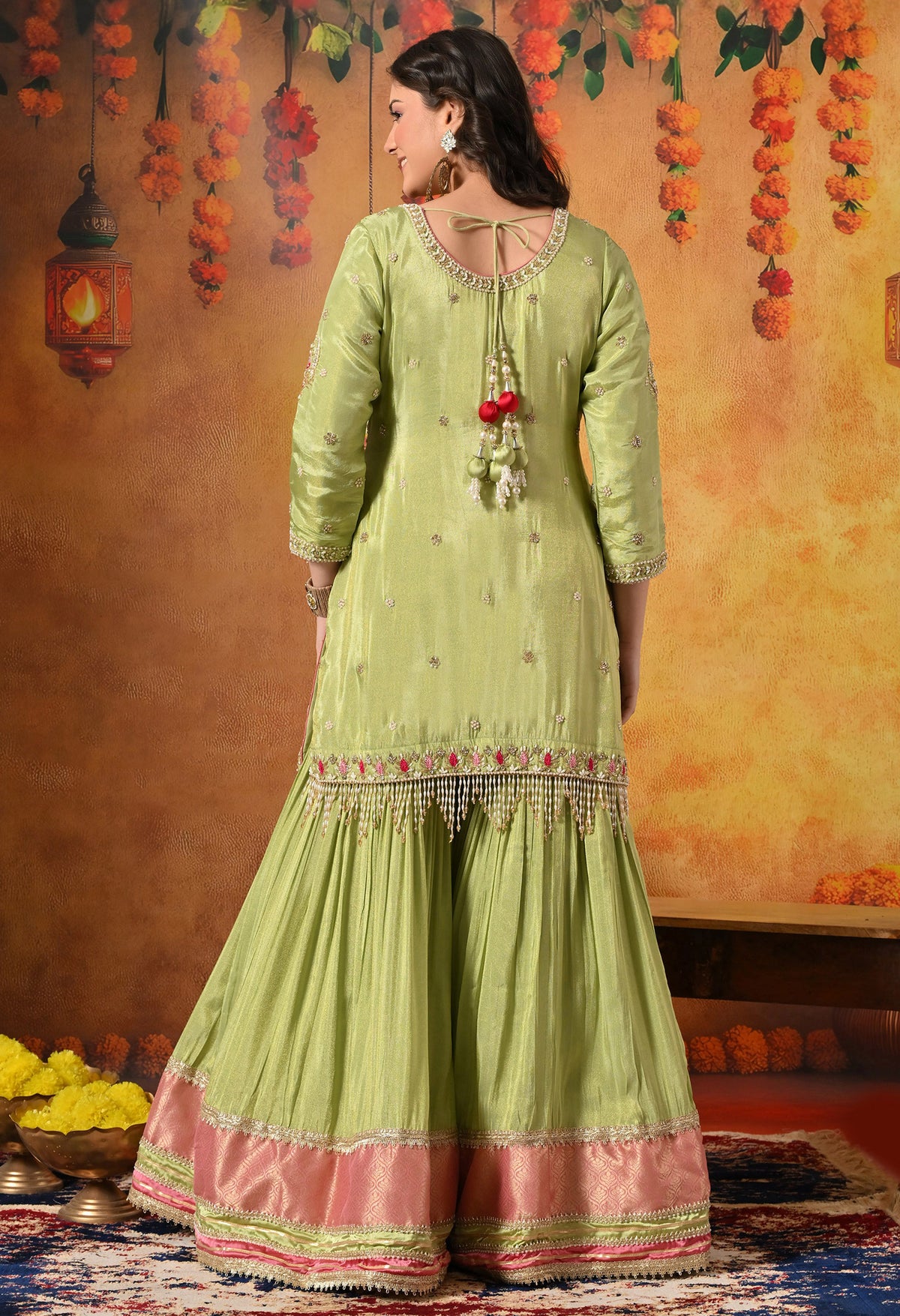 Parrot Green Zardozi Embroidered Tissue Silk Gharara Set
