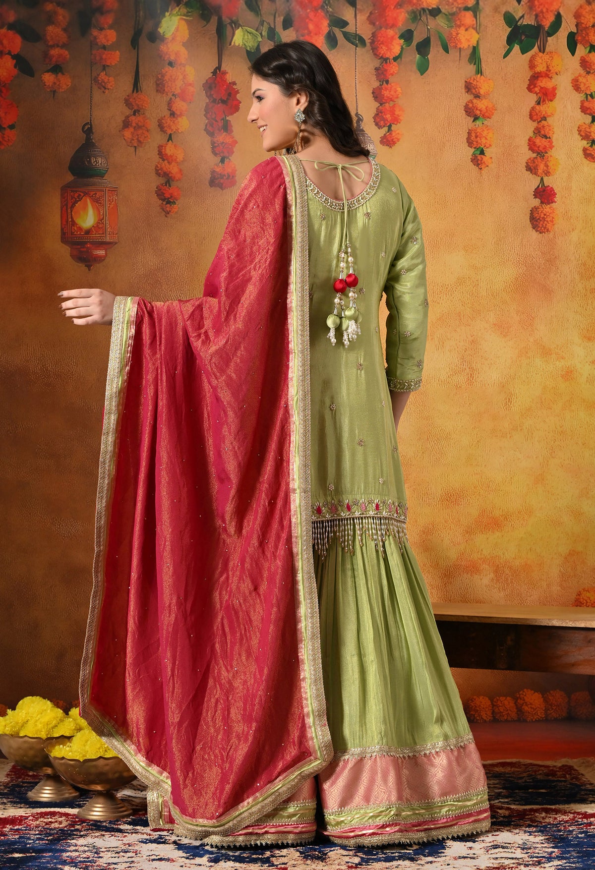 Parrot Green Zardozi Embroidered Tissue Silk Gharara Set