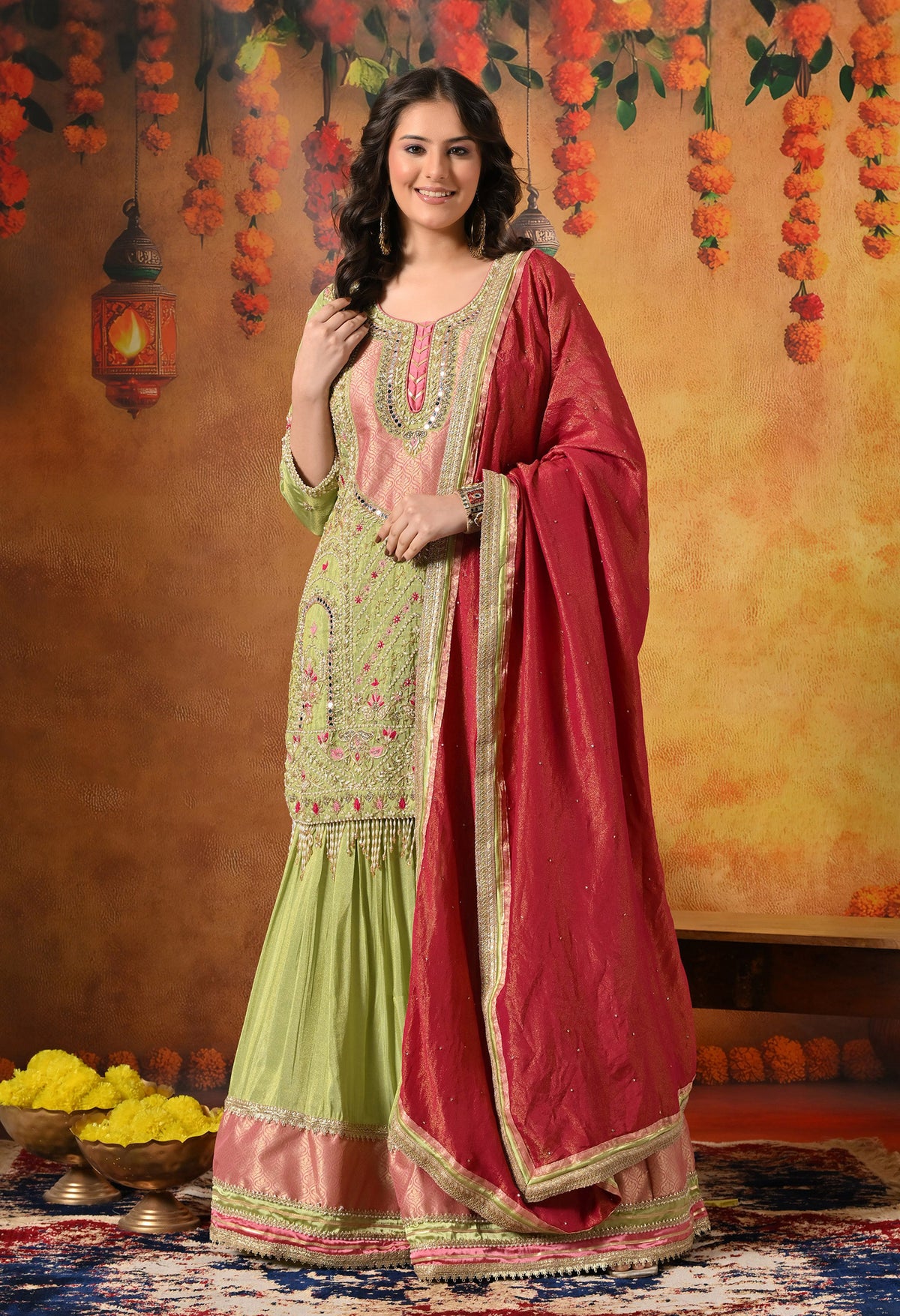 Parrot Green Zardozi Embroidered Tissue Silk Gharara Set
