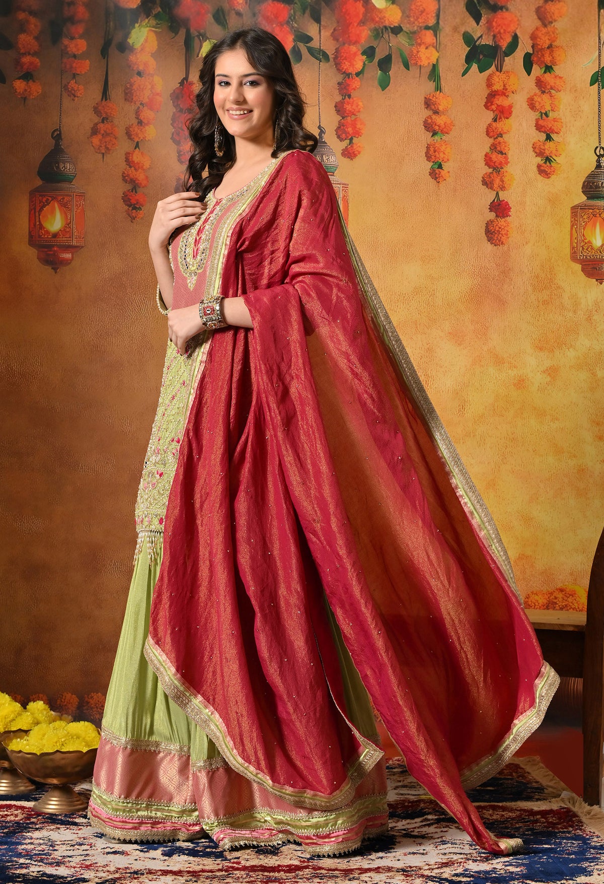 Parrot Green Zardozi Embroidered Tissue Silk Gharara Set
