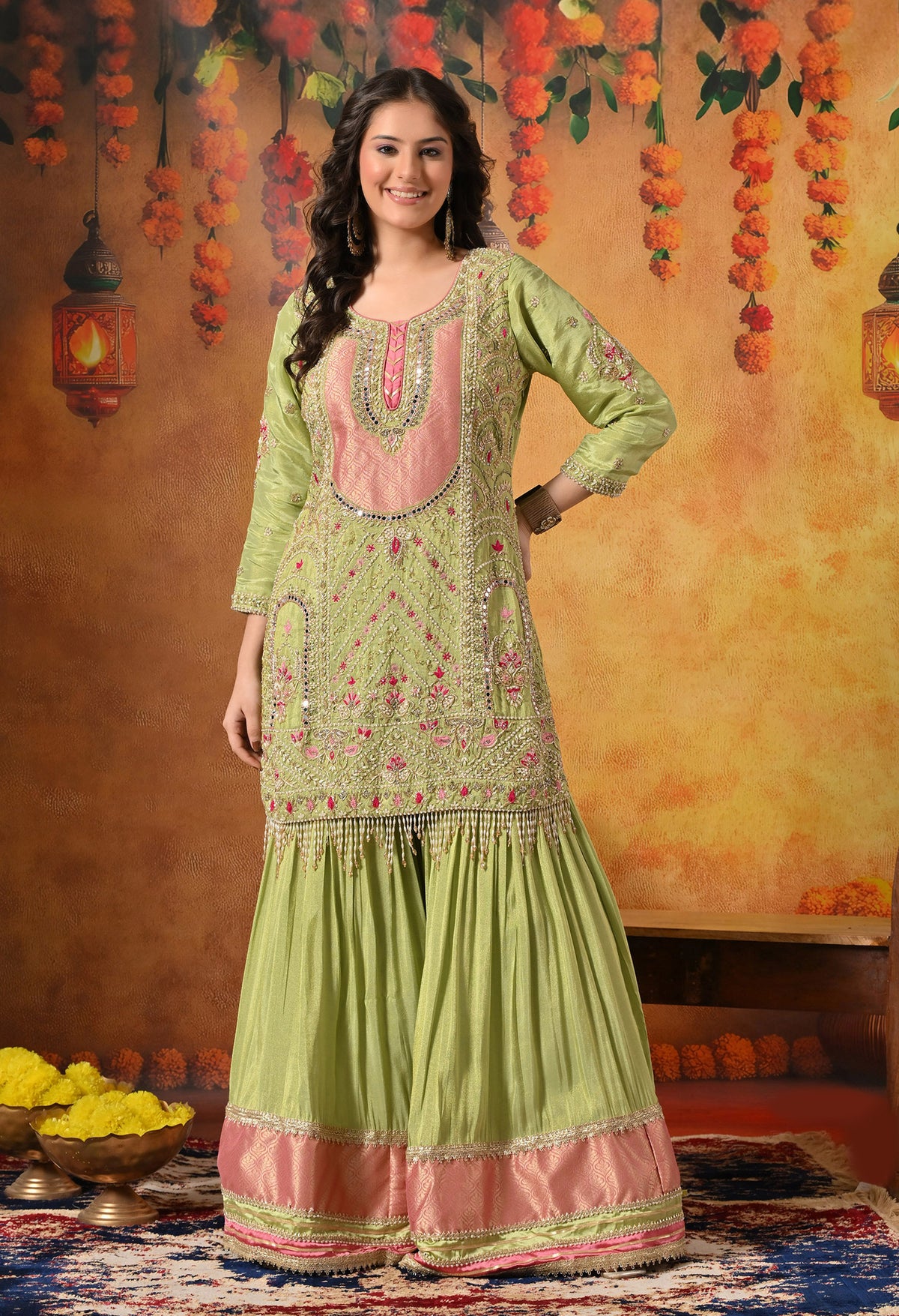 Parrot Green Zardozi Embroidered Tissue Silk Gharara Set