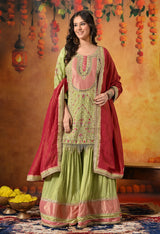 Parrot Green Zardozi Embroidered Tissue Silk Gharara Set