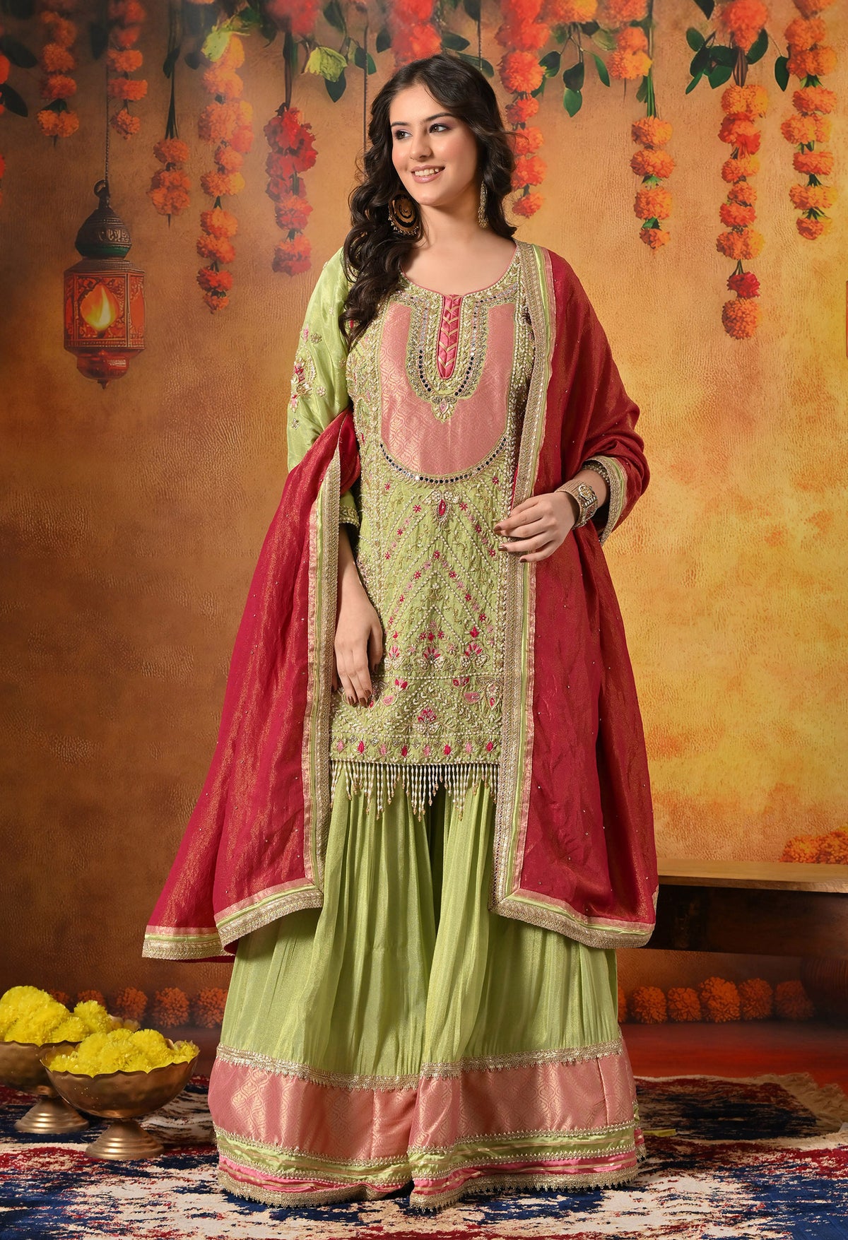 Parrot Green Zardozi Embroidered Tissue Silk Gharara Set