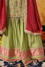 Parrot Green Zardozi Embroidered Tissue Silk Gharara Set