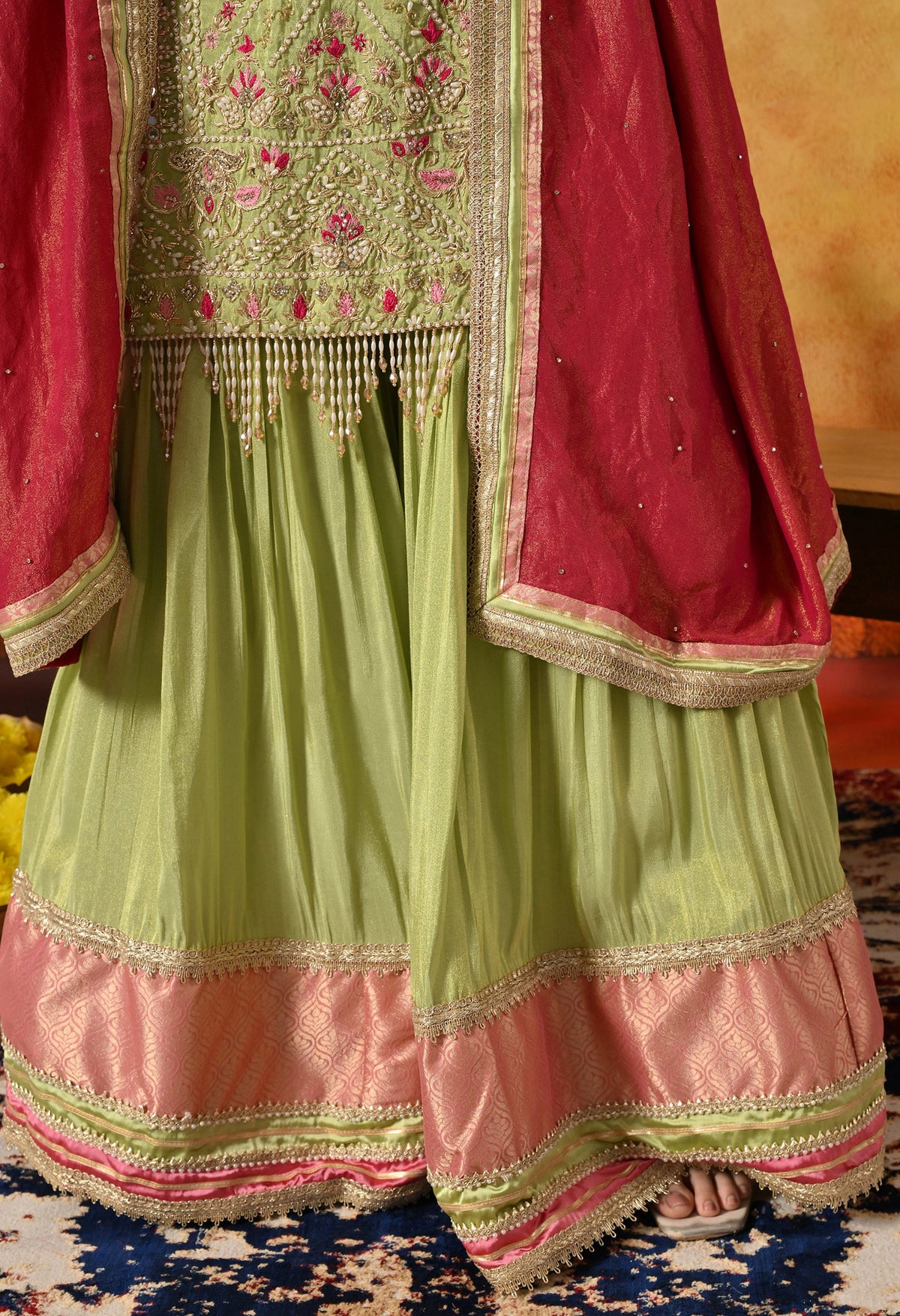 Parrot Green Zardozi Embroidered Tissue Silk Gharara Set