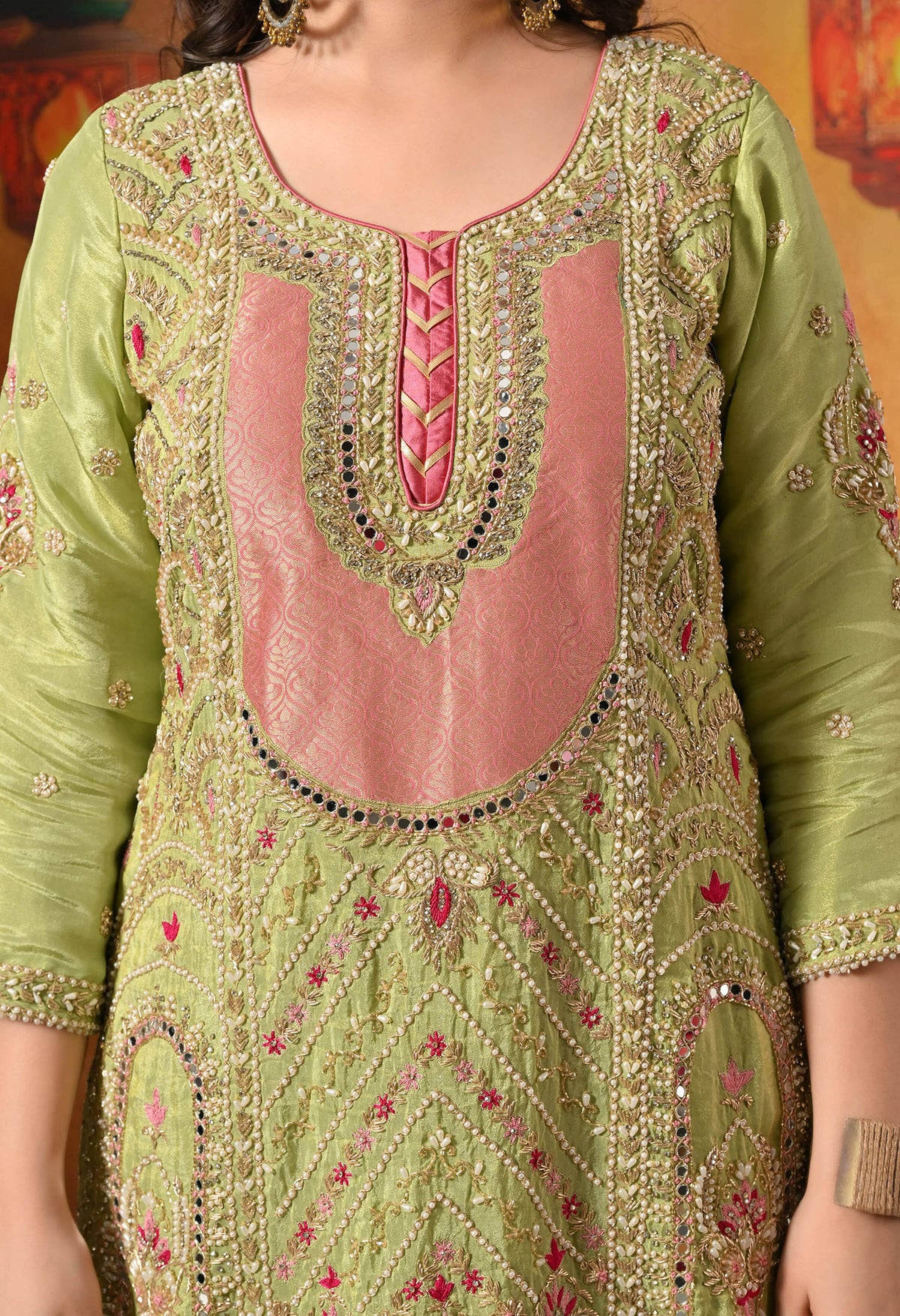 Parrot Green Zardozi Embroidered Tissue Silk Gharara Set