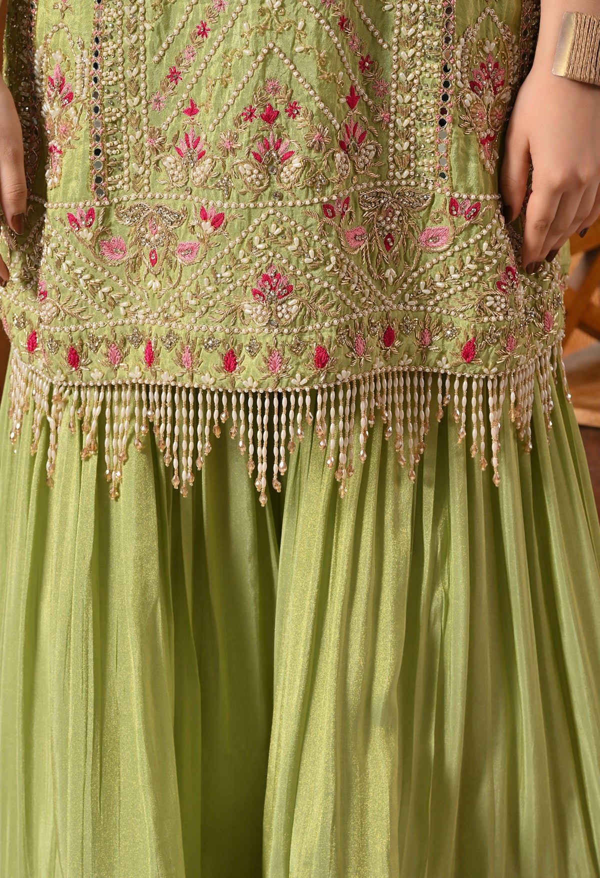 Parrot Green Zardozi Embroidered Tissue Silk Gharara Set