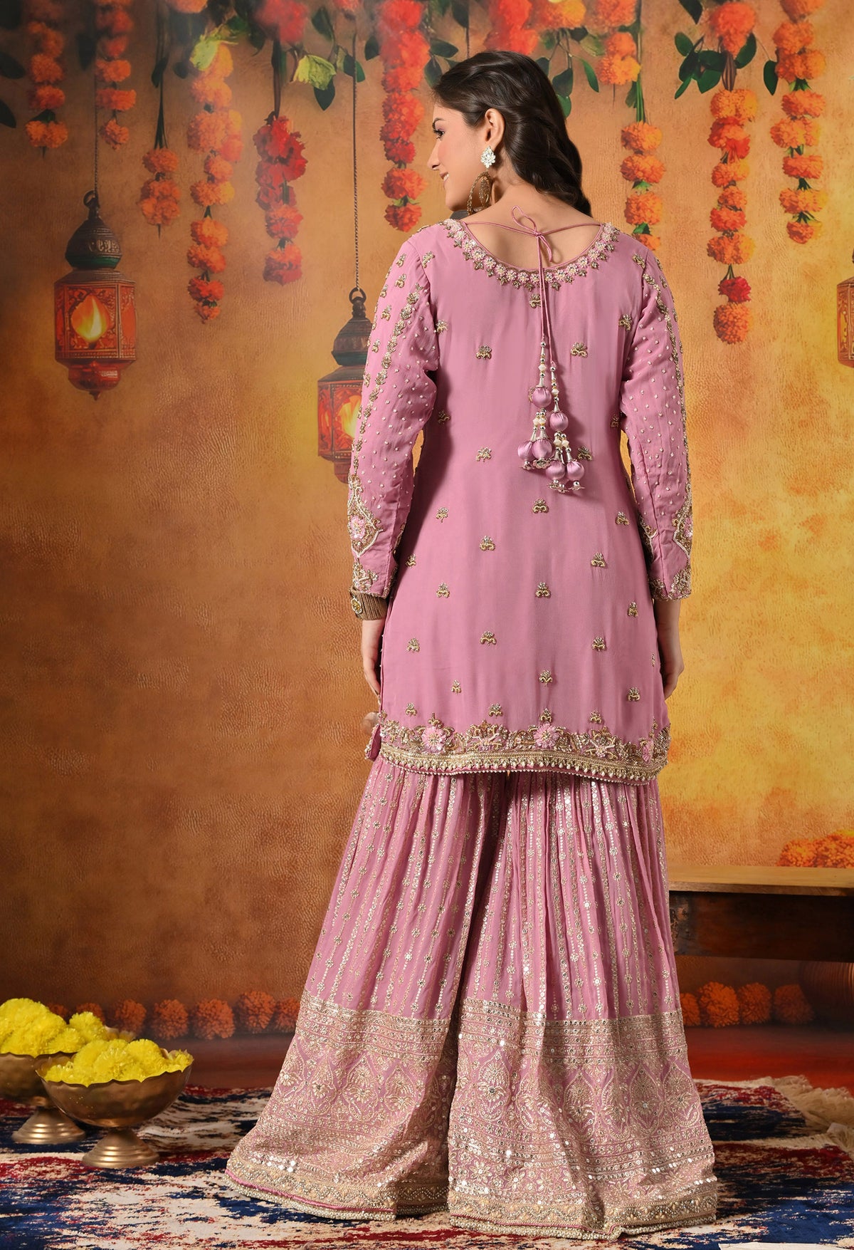 Onion Pink Zardozi Embellished Georgette Gharara Set