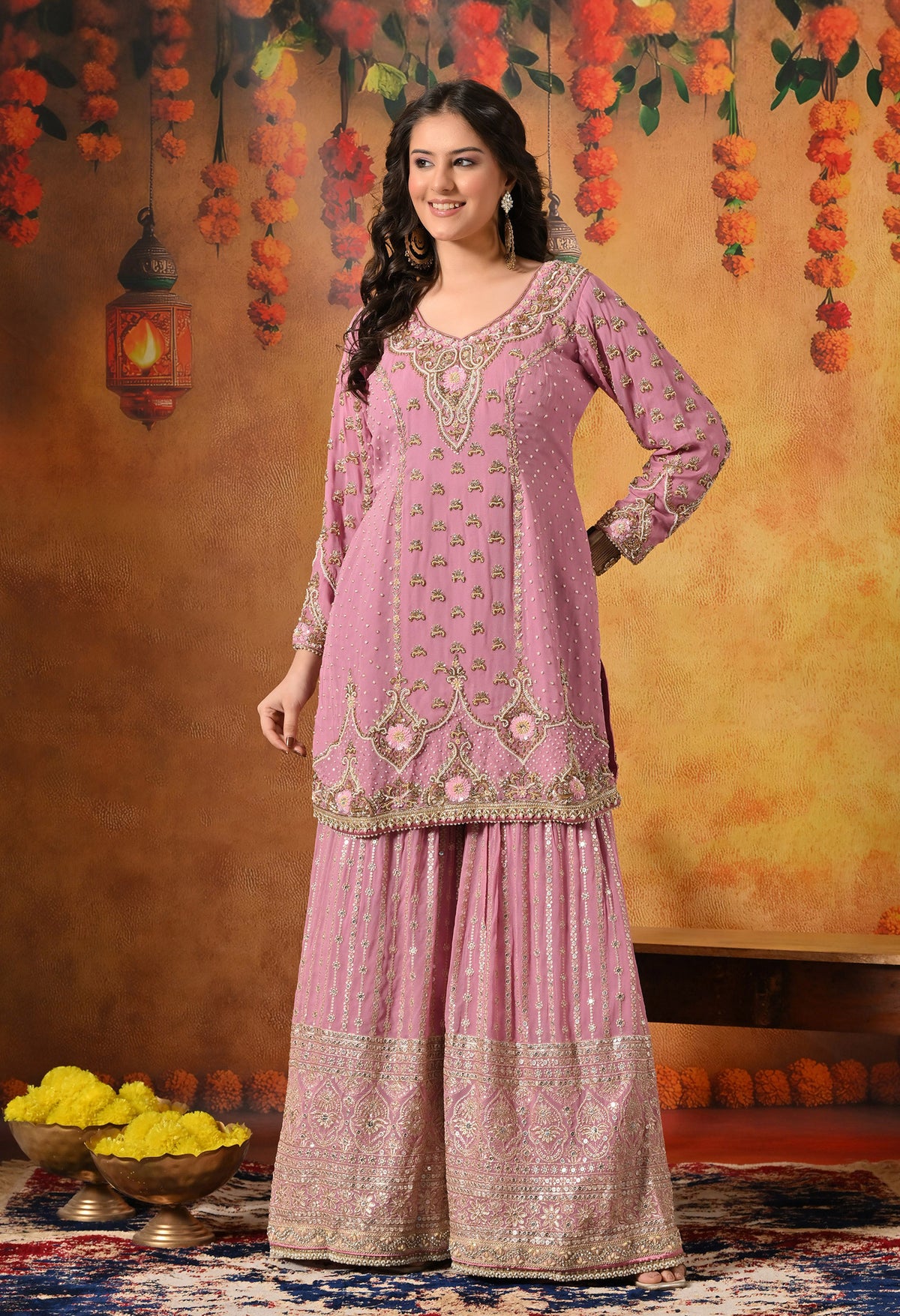 Onion Pink Zardozi Embellished Georgette Gharara Set