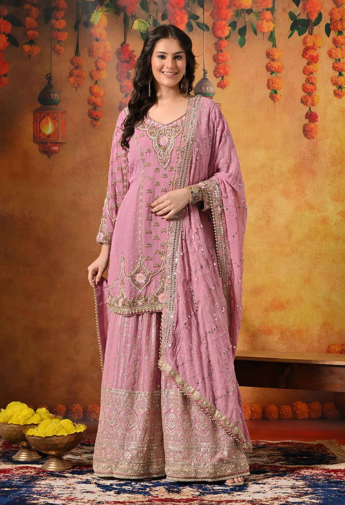 Onion Pink Zardozi Embellished Georgette Gharara Set