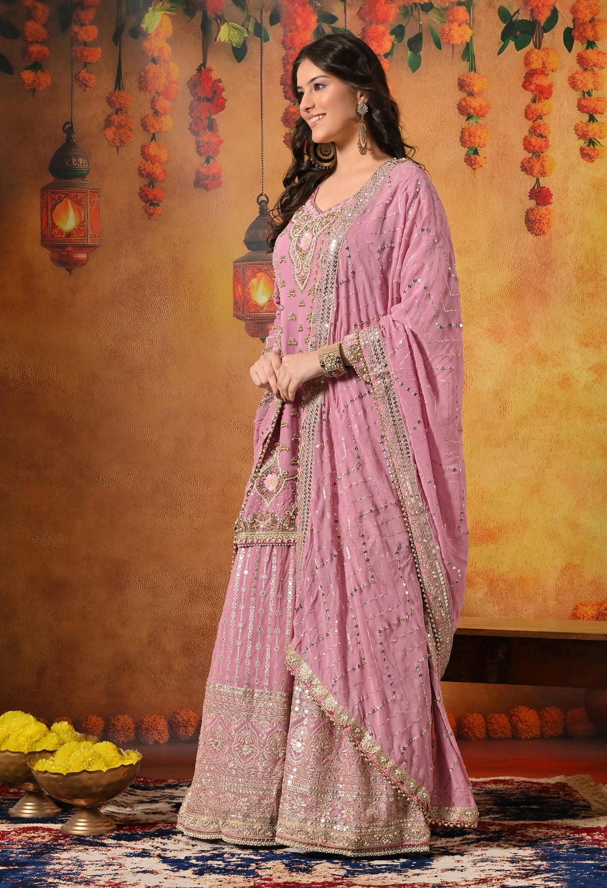 Onion Pink Zardozi Embellished Georgette Gharara Set