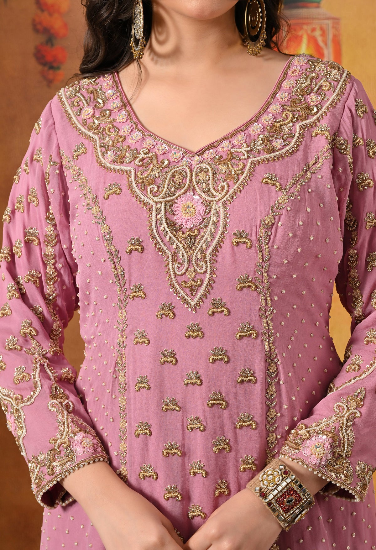 Onion Pink Zardozi Embellished Georgette Gharara Set