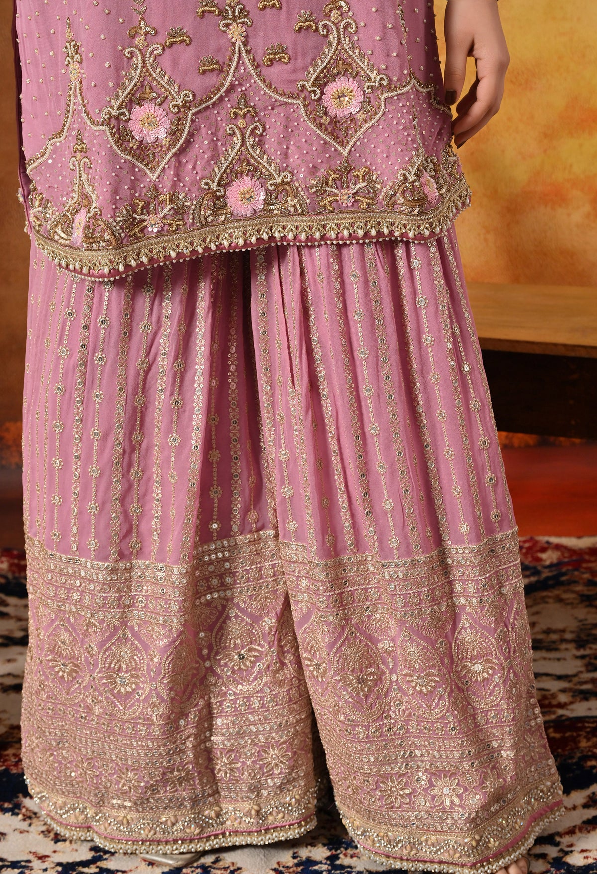 Onion Pink Zardozi Embellished Georgette Gharara Set