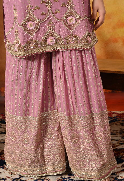 Onion Pink Zardozi Embellished Georgette Gharara Set