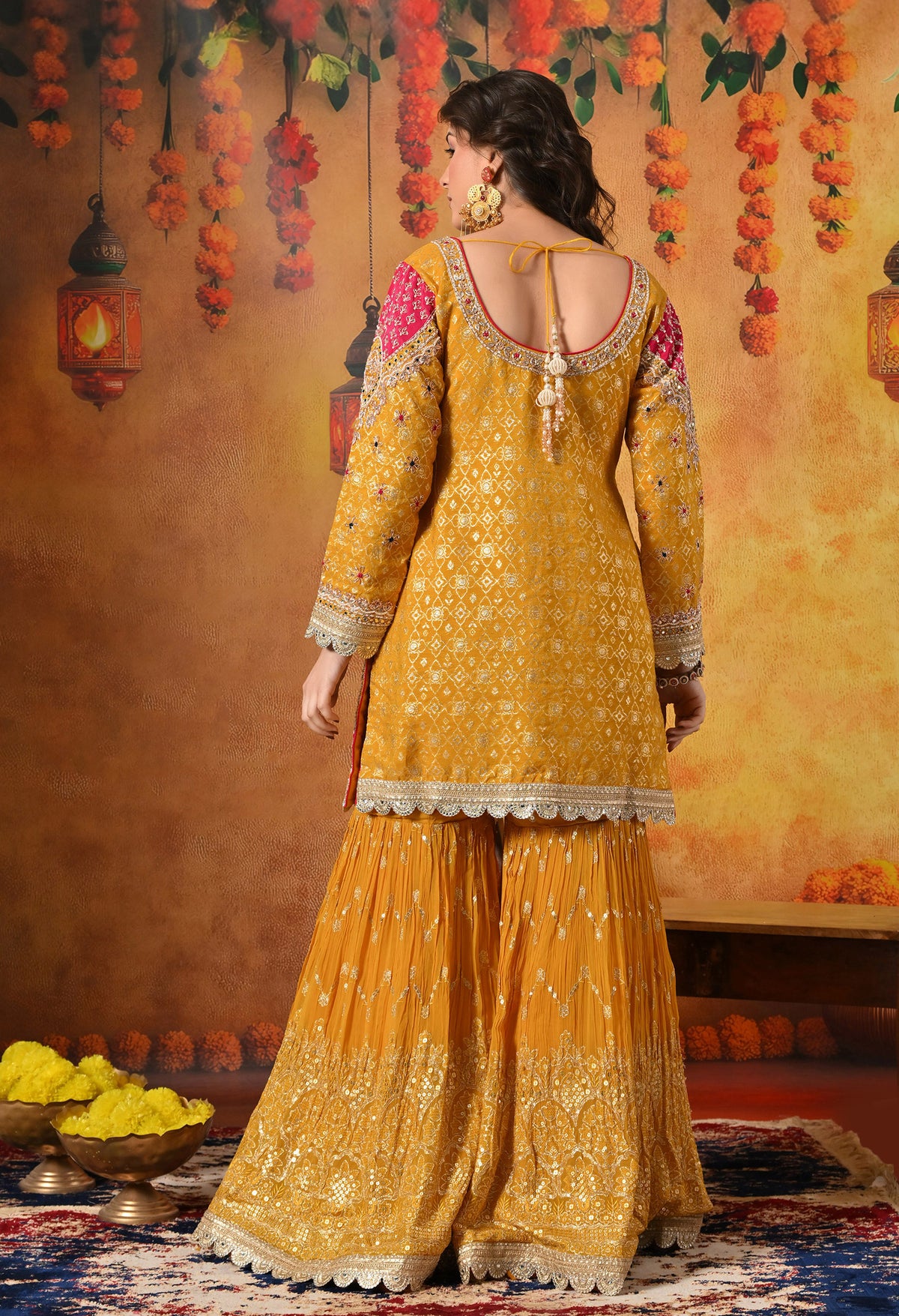 Yellow Zardozi & Dabka Embroidered Banarasi Silk Gharara Set