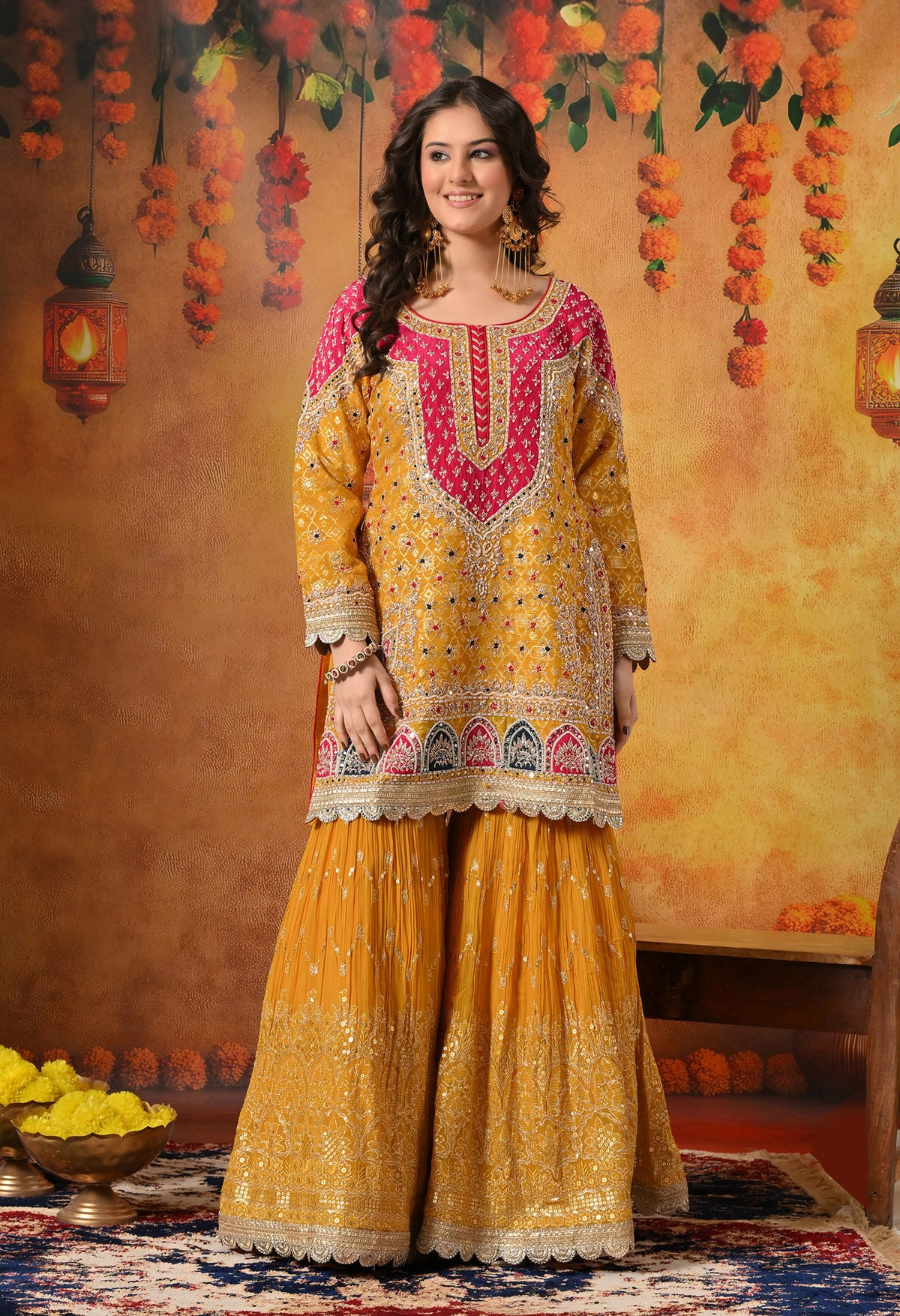 Yellow Zardozi & Dabka Embroidered Banarasi Silk Gharara Set