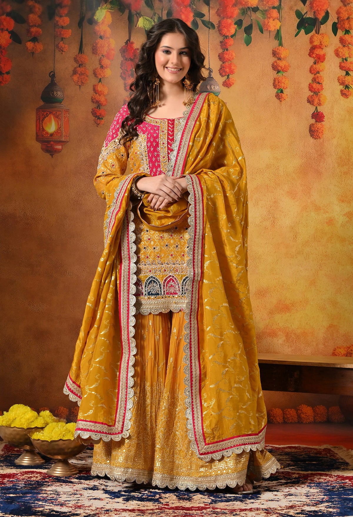 Yellow Zardozi & Dabka Embroidered Banarasi Silk Gharara Set