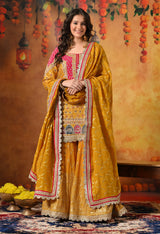 Yellow Zardozi & Dabka Embroidered Banarasi Silk Gharara Set