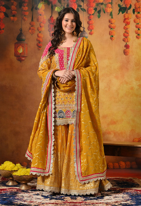 Yellow Zardozi & Dabka Embroidered Banarasi Silk Gharara Set