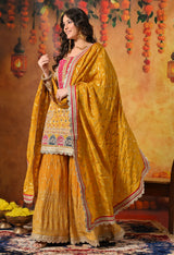 Yellow Zardozi & Dabka Embroidered Banarasi Silk Gharara Set