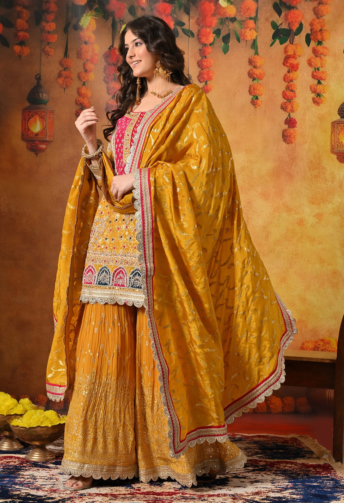 Yellow Zardozi & Dabka Embroidered Banarasi Silk Gharara Set