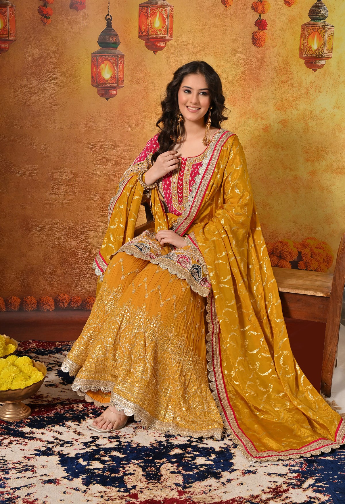 Yellow Zardozi & Dabka Embroidered Banarasi Silk Gharara Set