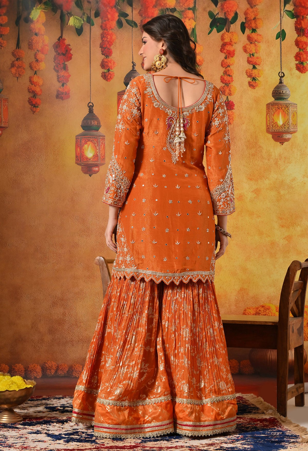 Orange Zardozi Embroidered Banarasi Tissue Silk Gharara Set