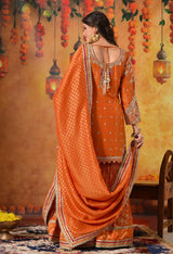 Orange Zardozi Embroidered Banarasi Tissue Silk Gharara Set