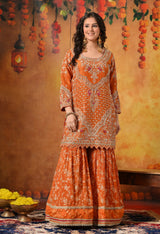 Orange Zardozi Embroidered Banarasi Tissue Silk Gharara Set